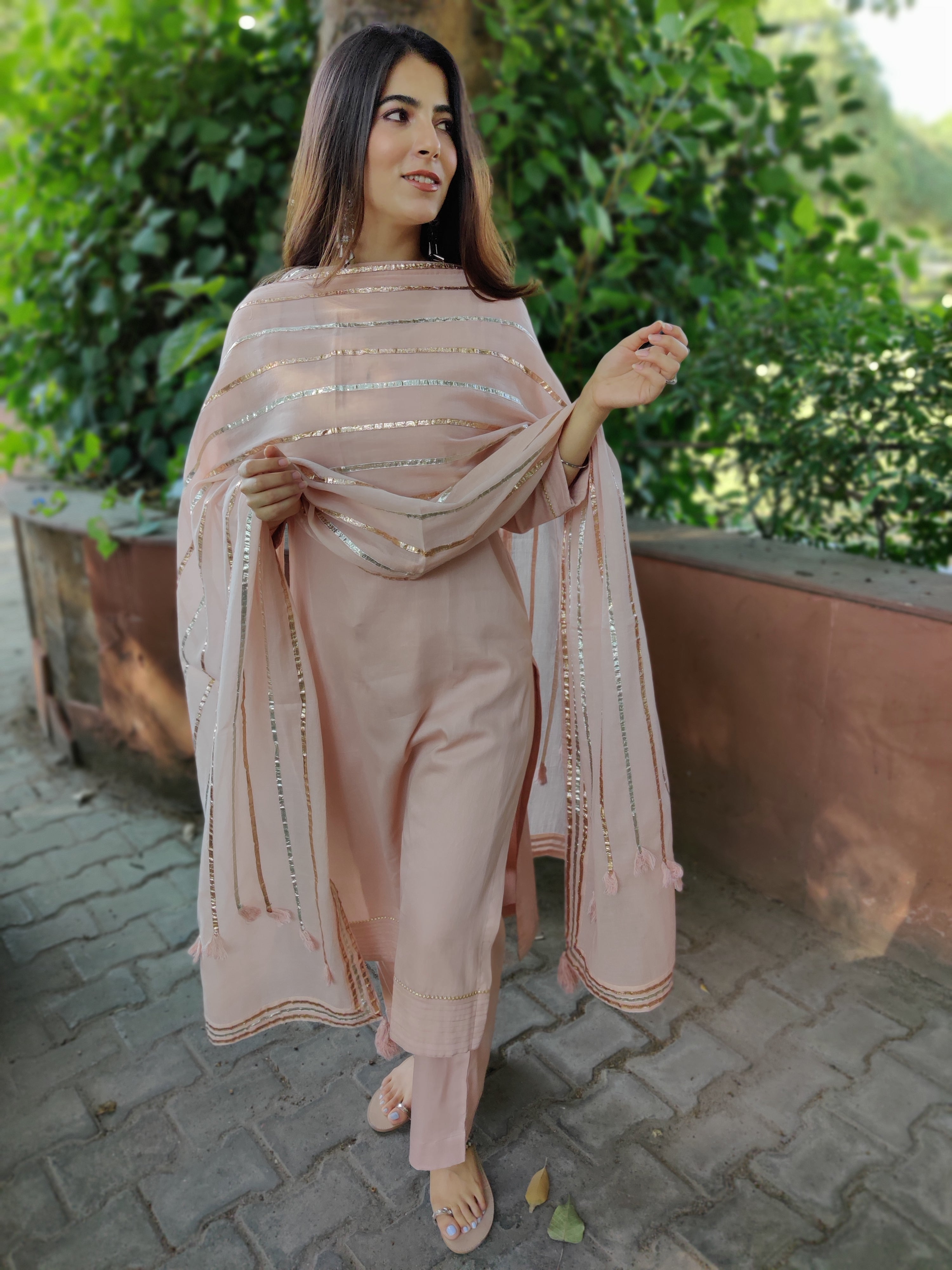 Nude pink cotton gota dupatta set