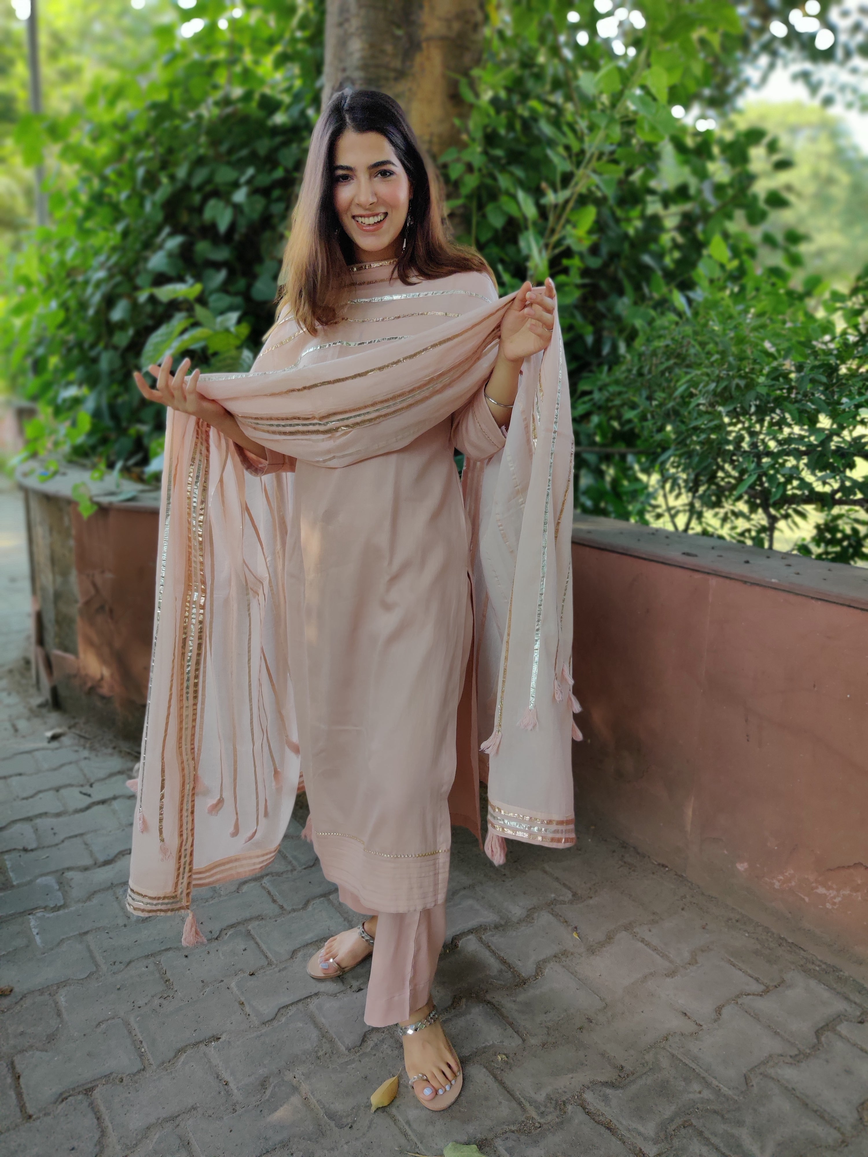 Nude pink cotton gota dupatta set