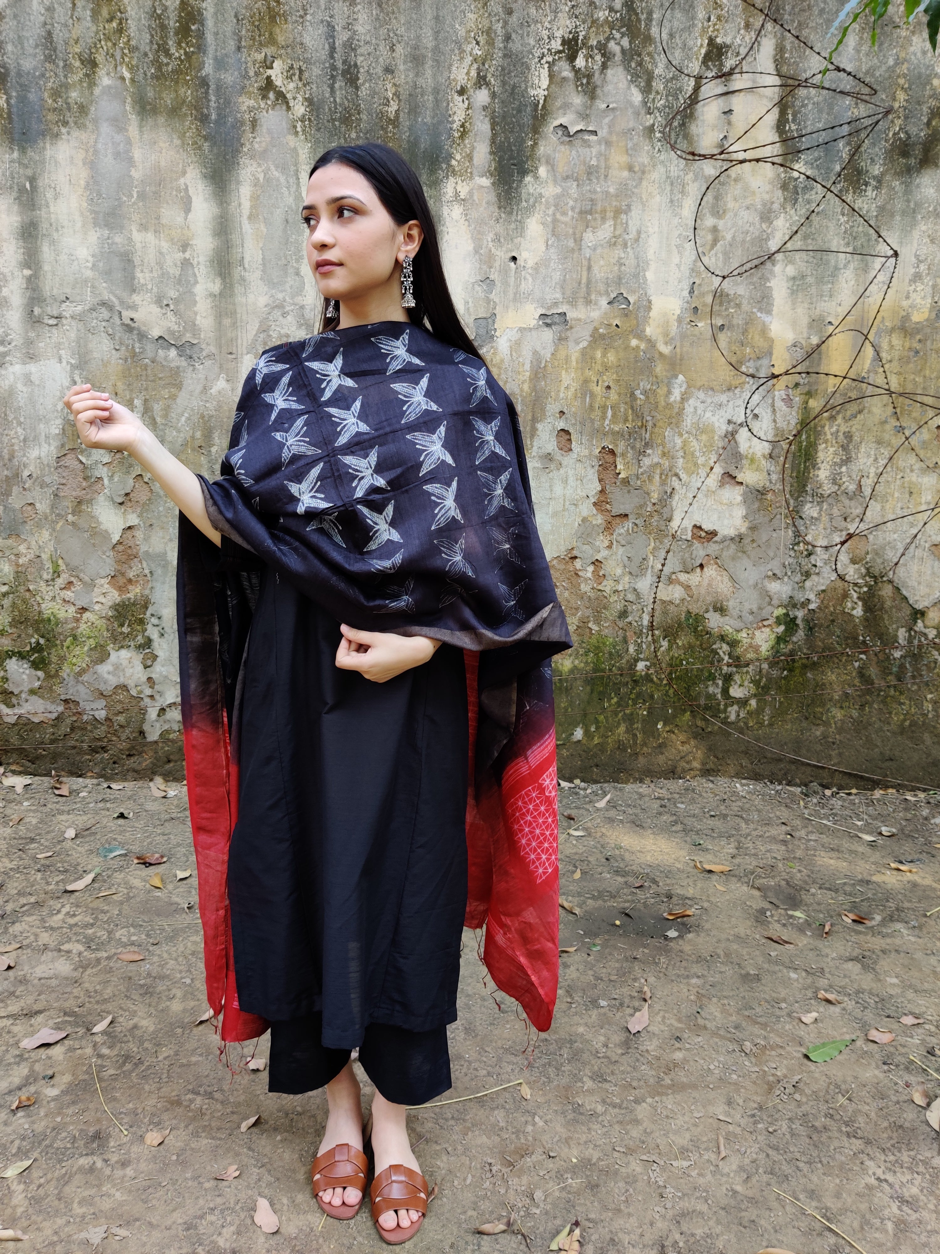 Black cotton silk set with moga silk dupatta