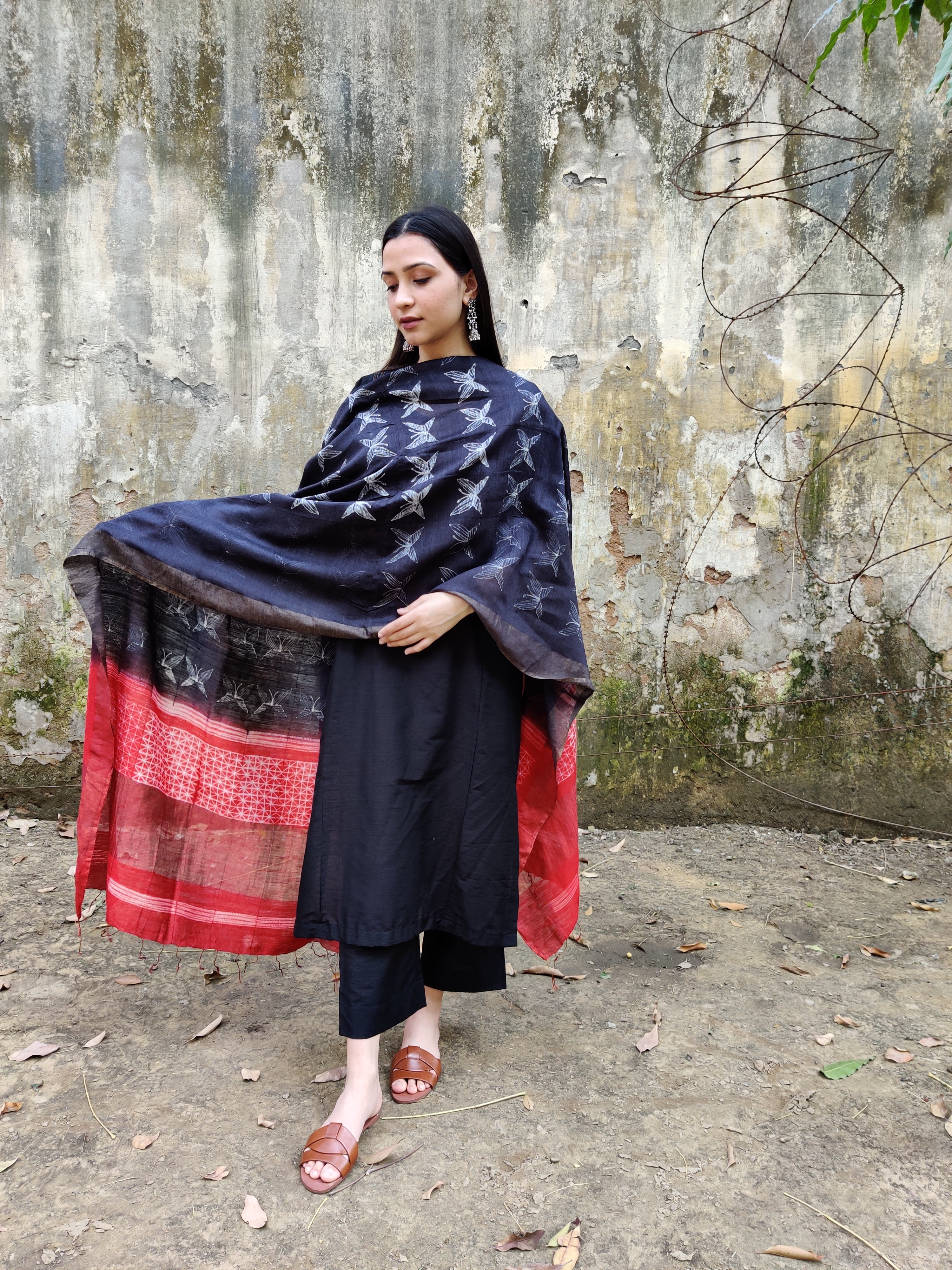 Black cotton silk set with moga silk dupatta