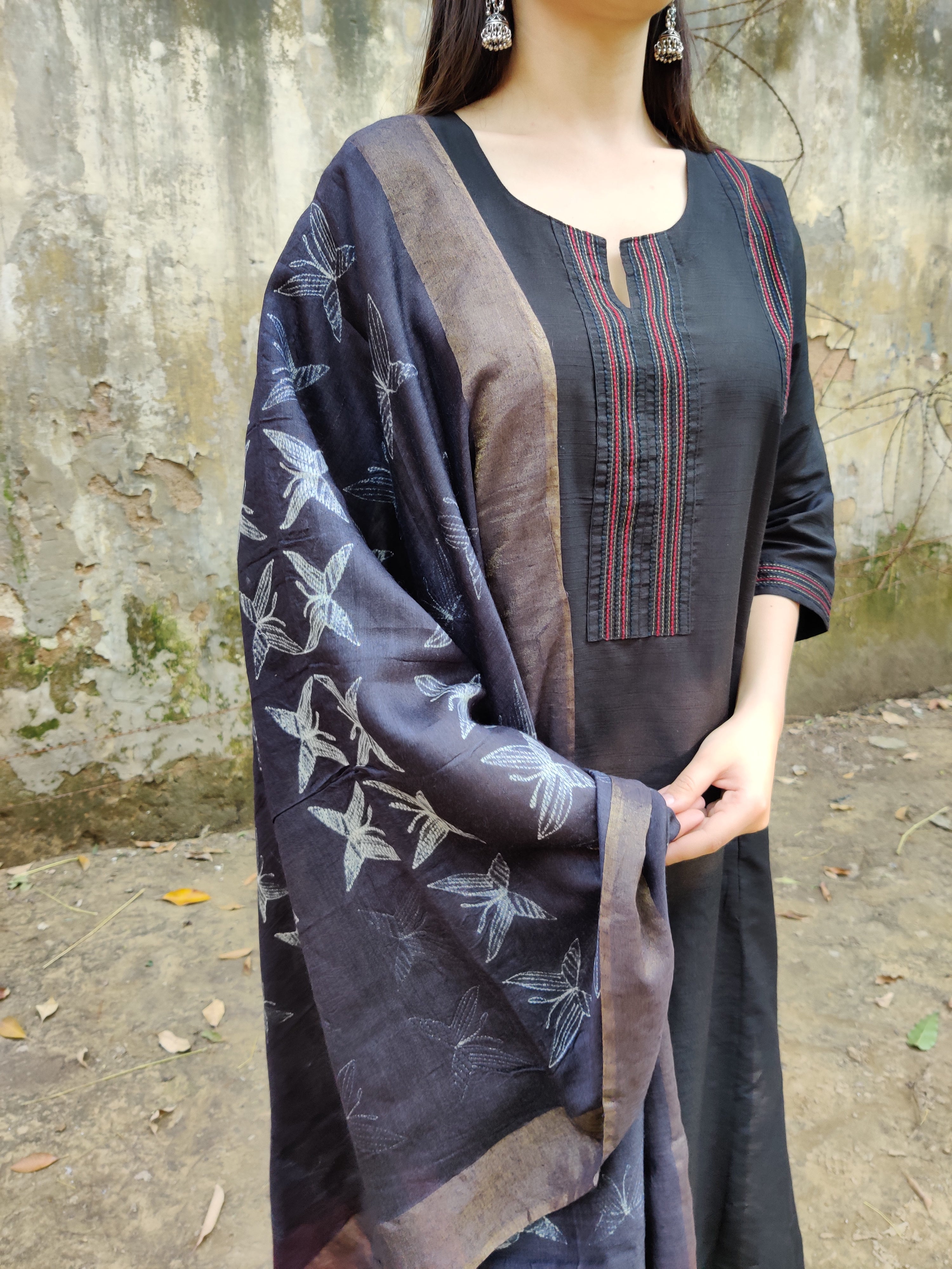 Black cotton silk set with moga silk dupatta