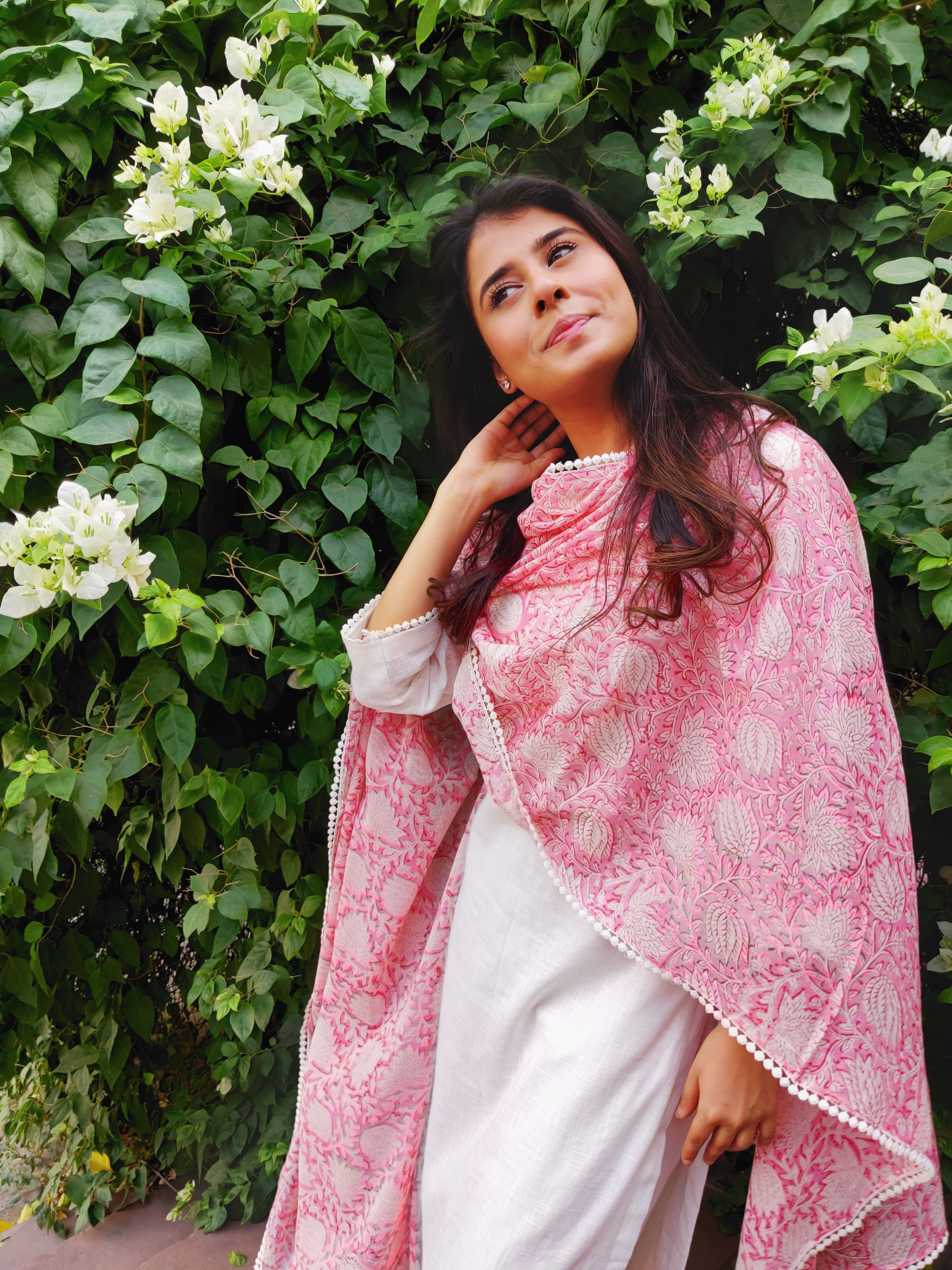 White linen set with blockprint dupatta