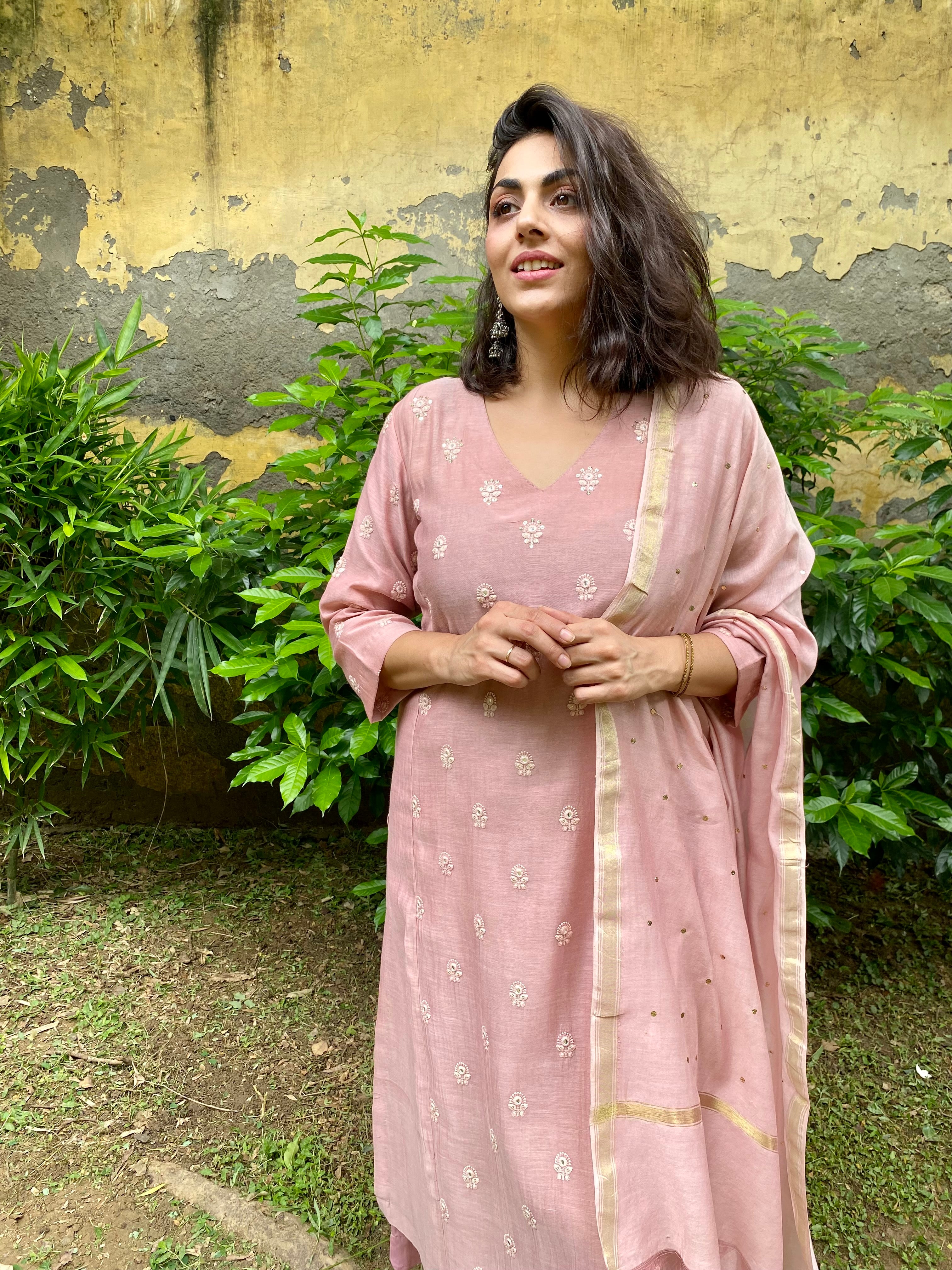 Earthy pink embroidered chanderi set