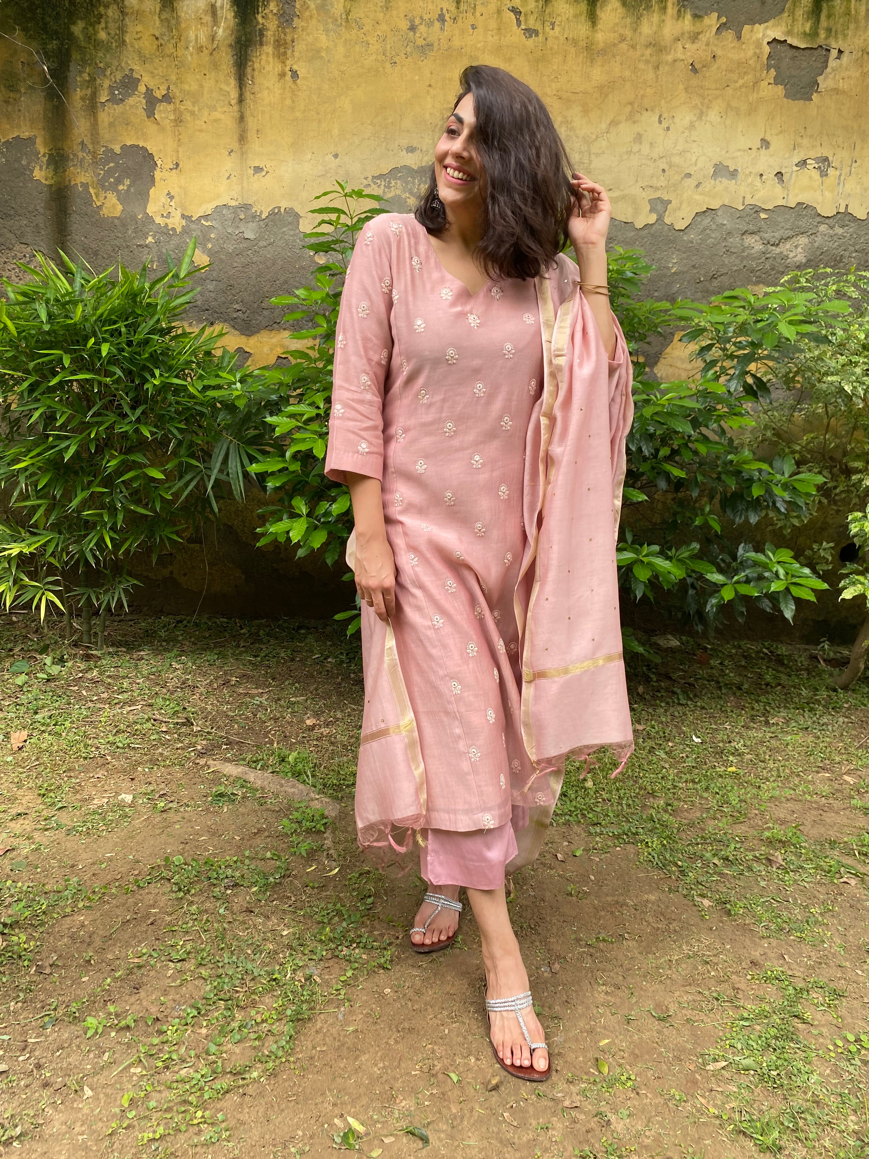 Earthy pink embroidered chanderi set