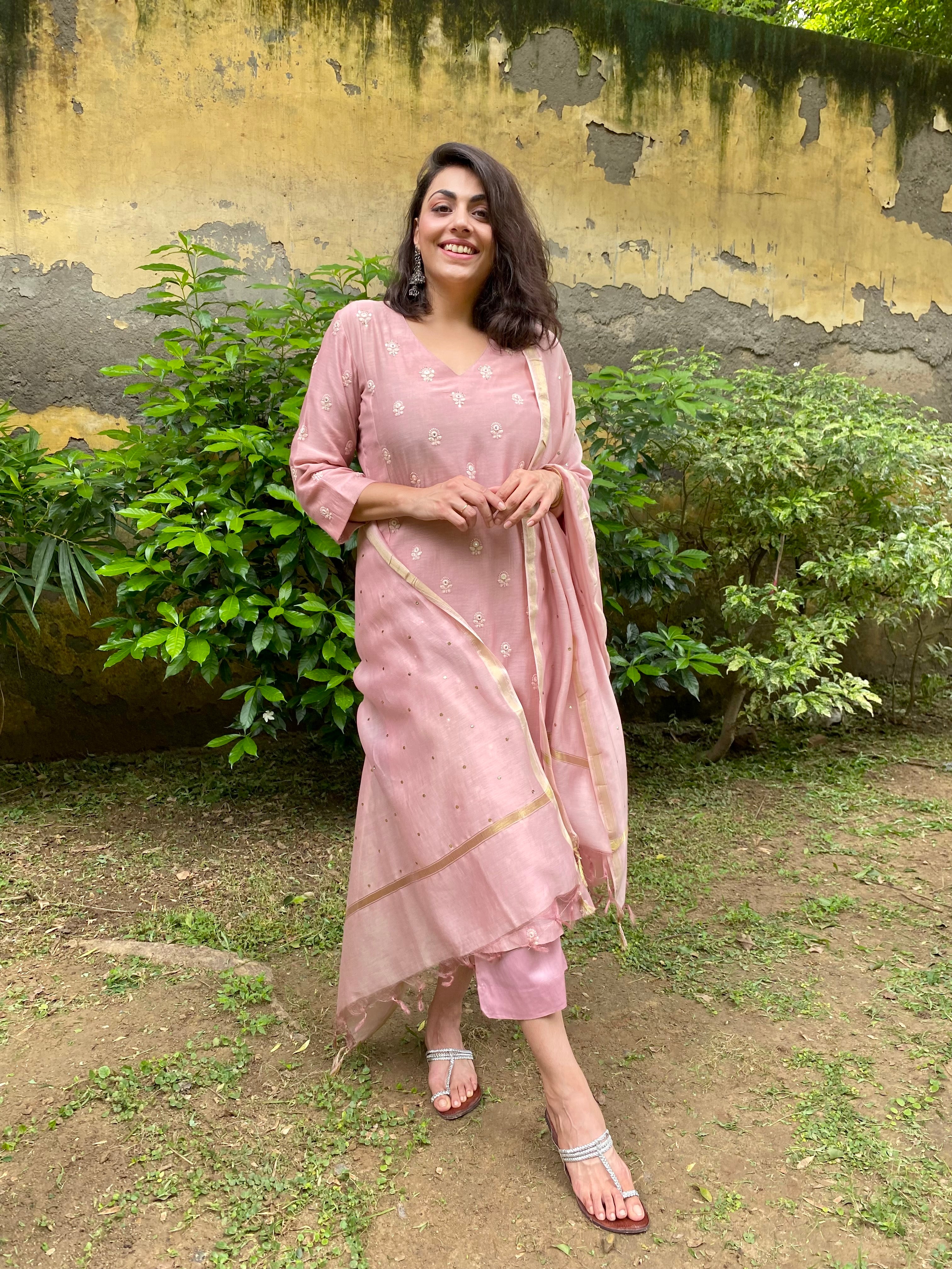 Earthy pink embroidered chanderi set