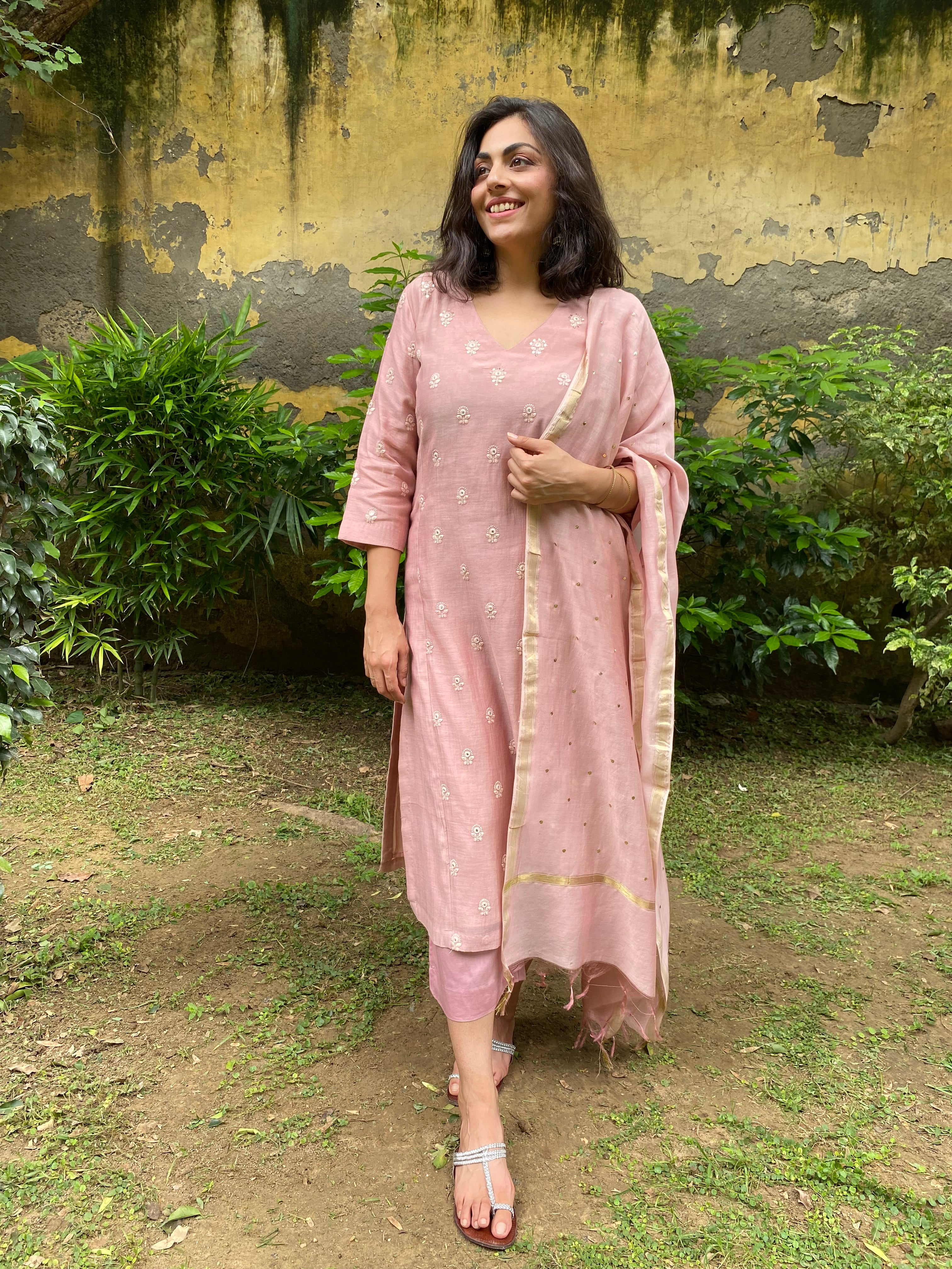 Earthy pink embroidered chanderi set