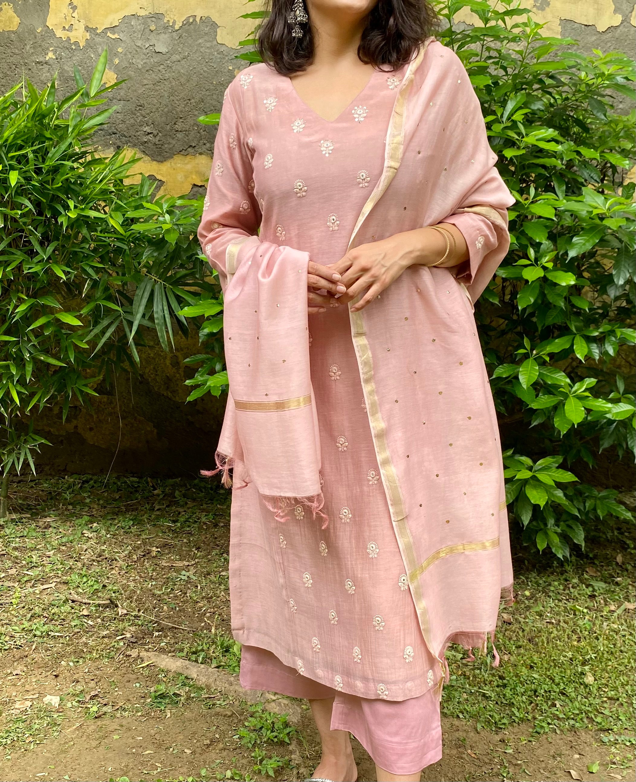 Earthy pink embroidered chanderi set