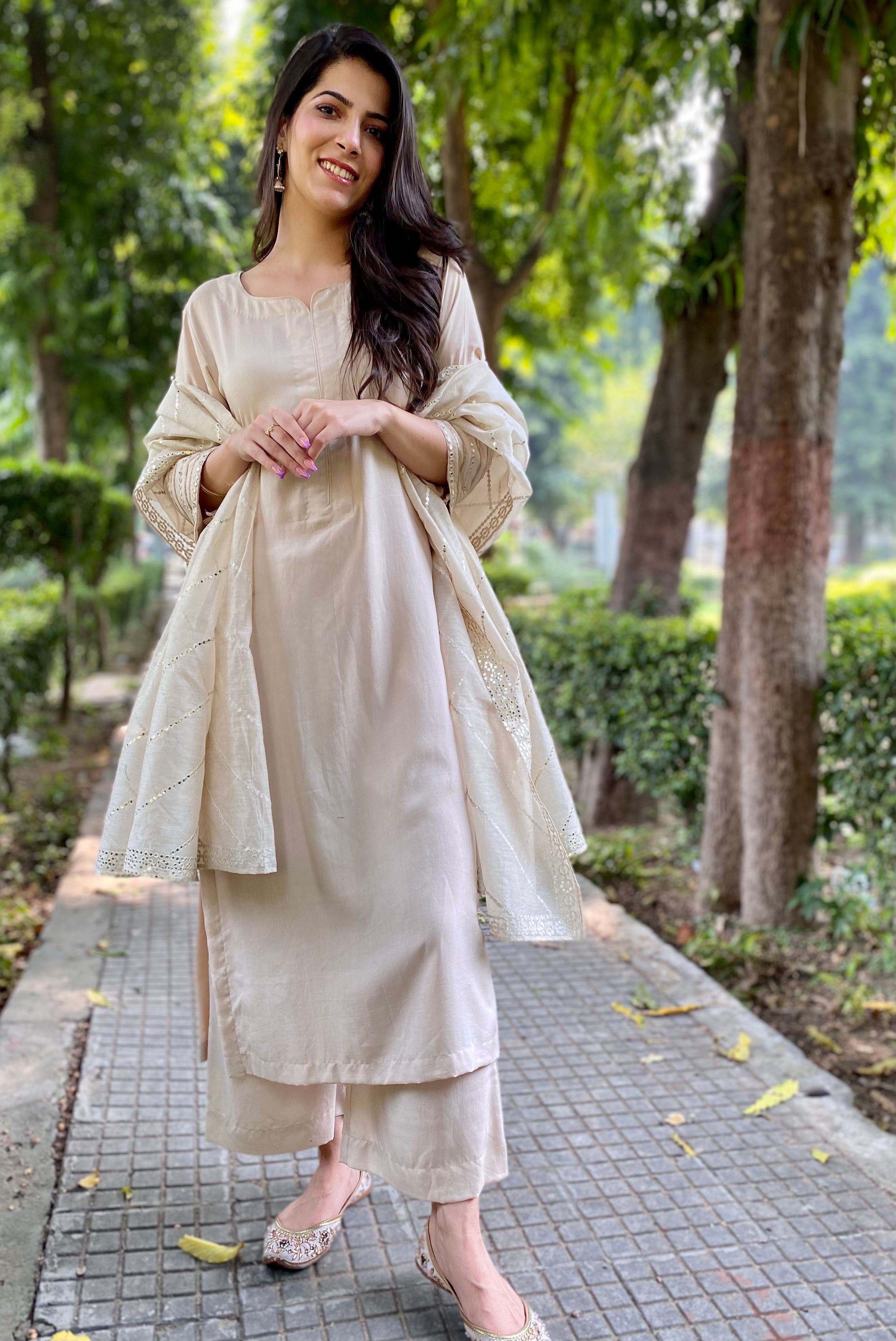 Fawn mirror work chanderi dupatta set