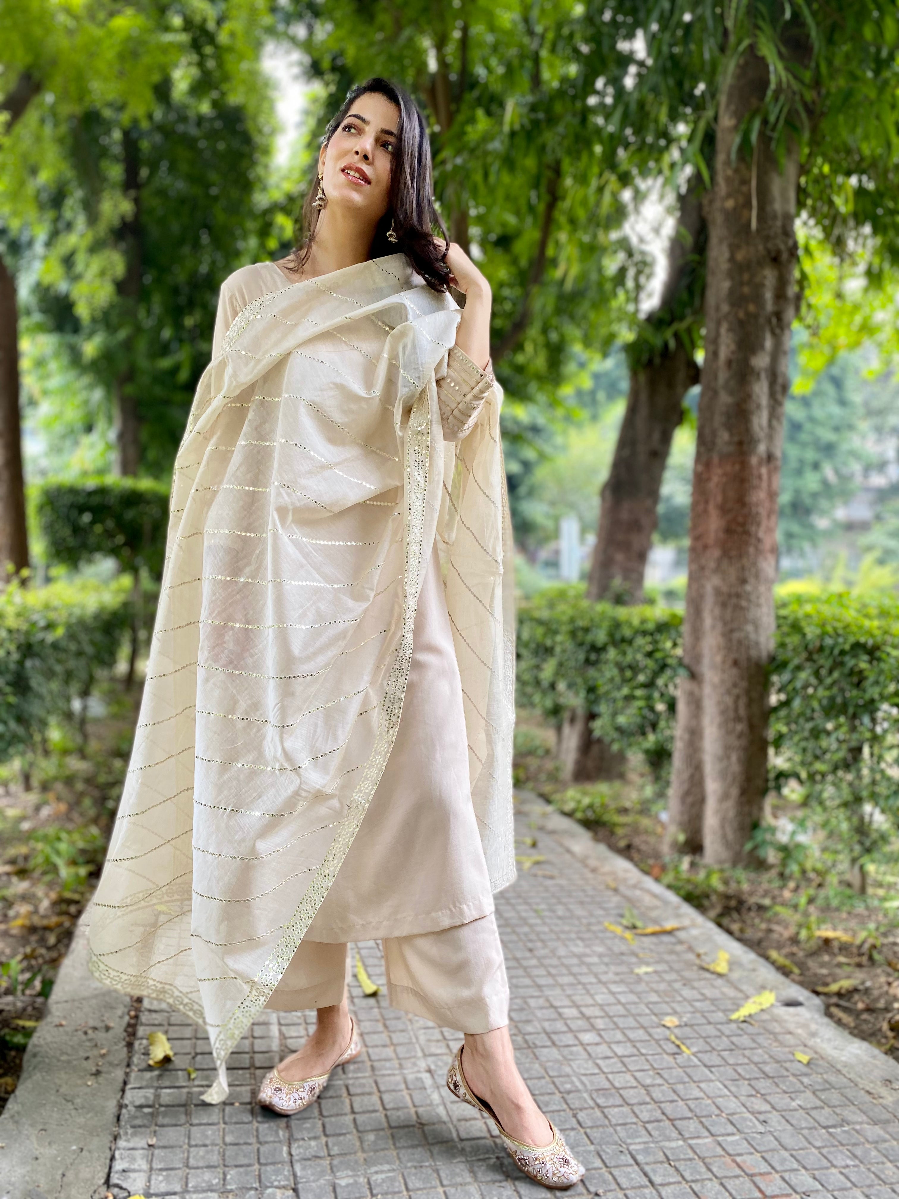 Fawn mirror work chanderi dupatta set