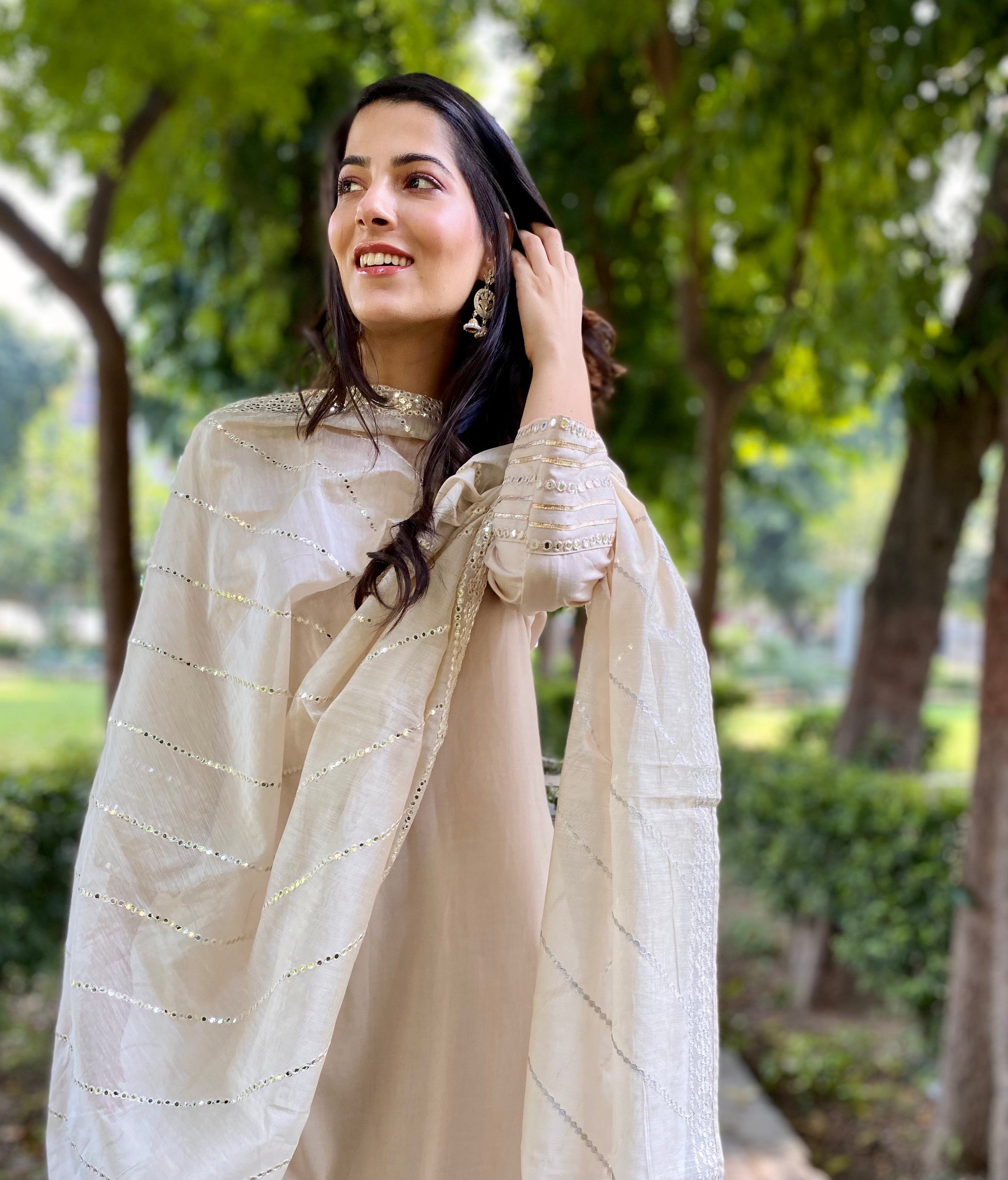 Fawn mirror work chanderi dupatta set