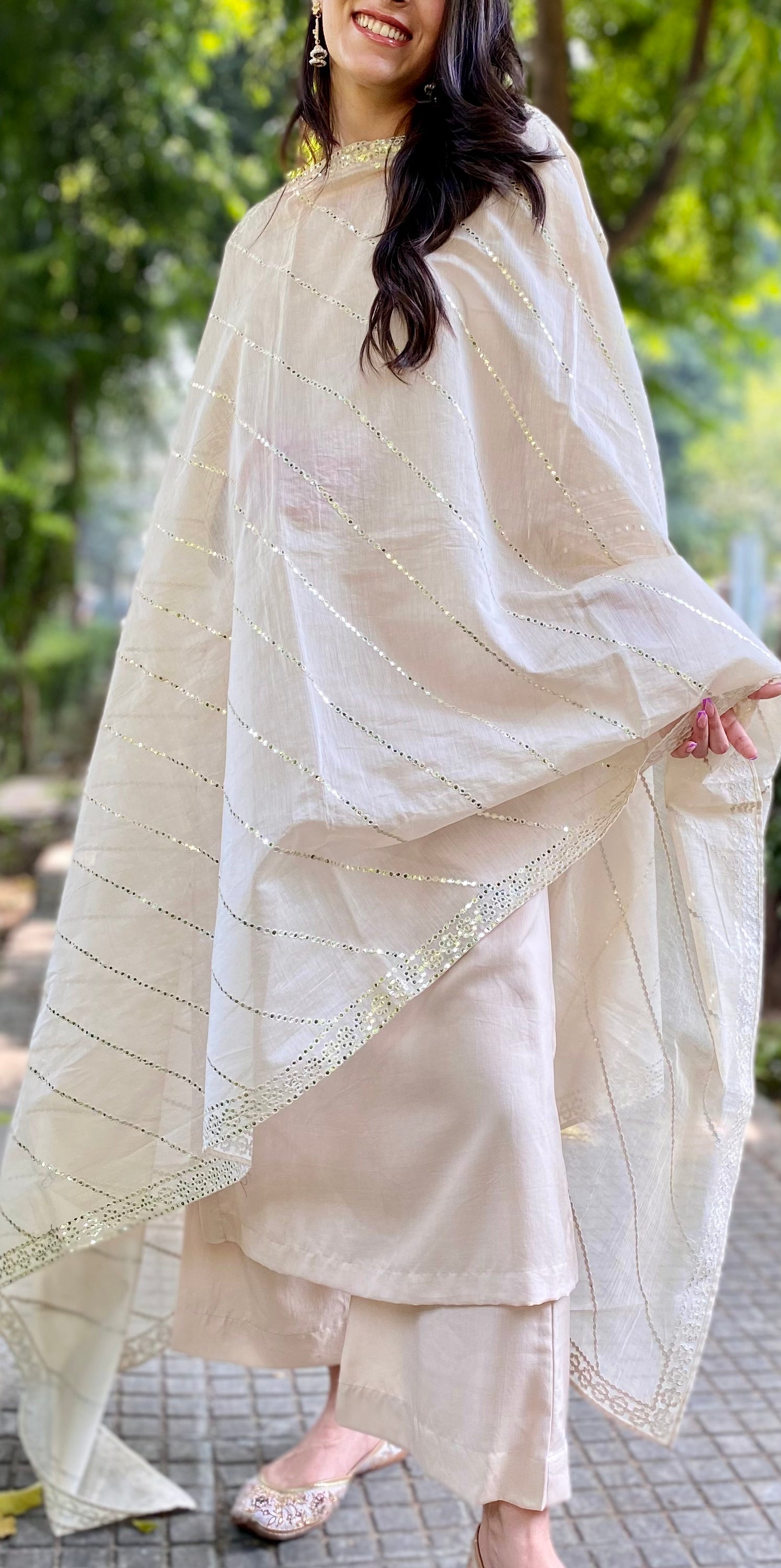 Fawn mirror work chanderi dupatta set