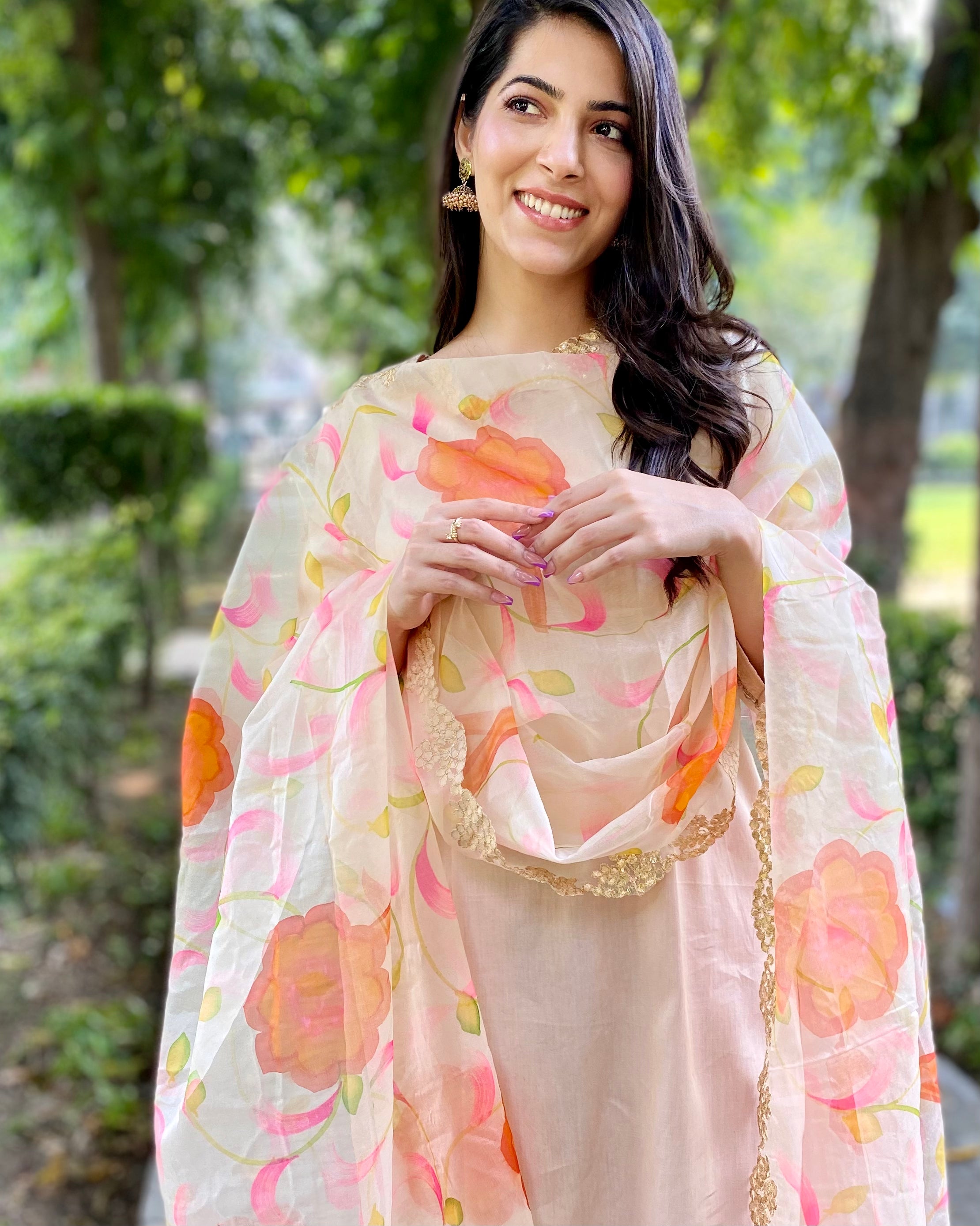 Beige Cotton Satin Kurta And Pants With Hand Painted Dupatta