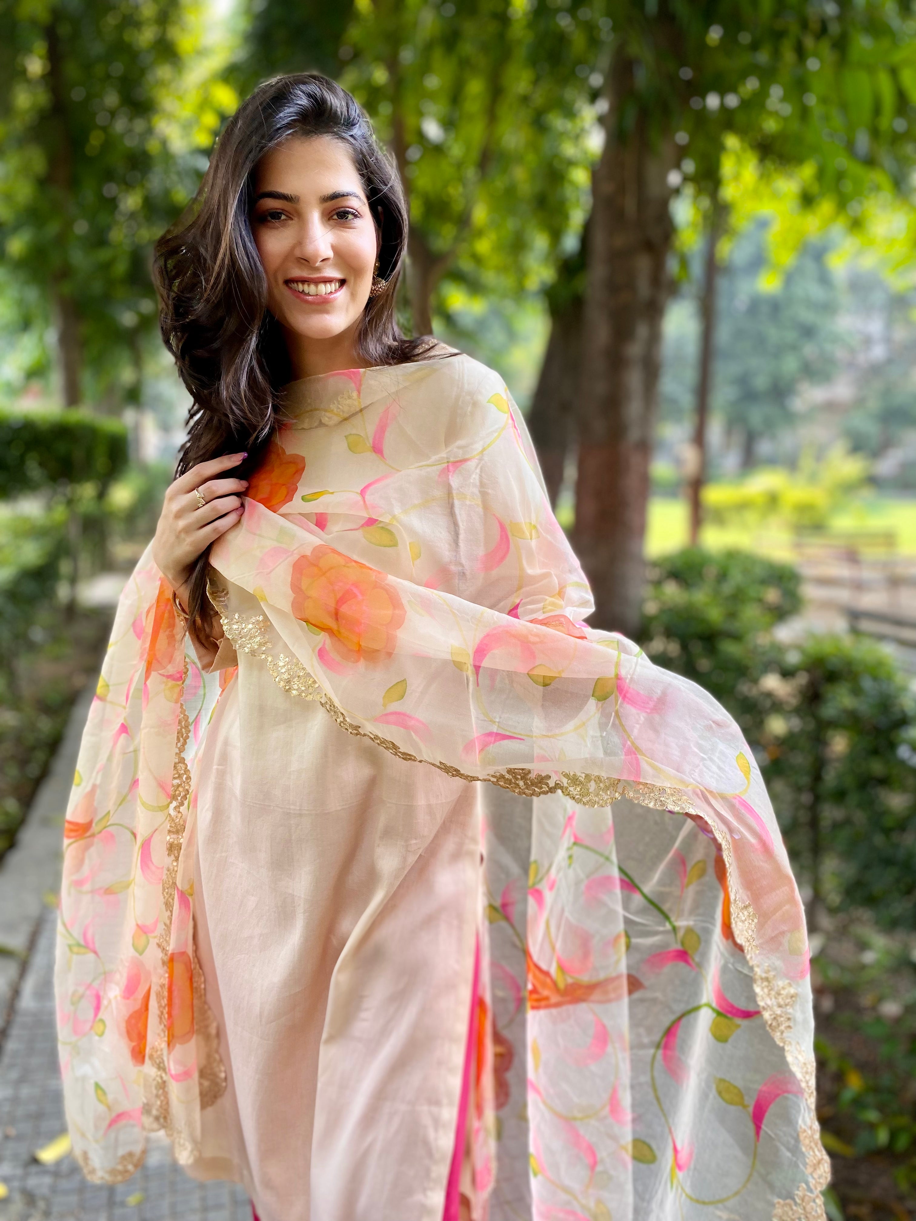 Beige Cotton Satin Kurta And Pants With Hand Painted Dupatta