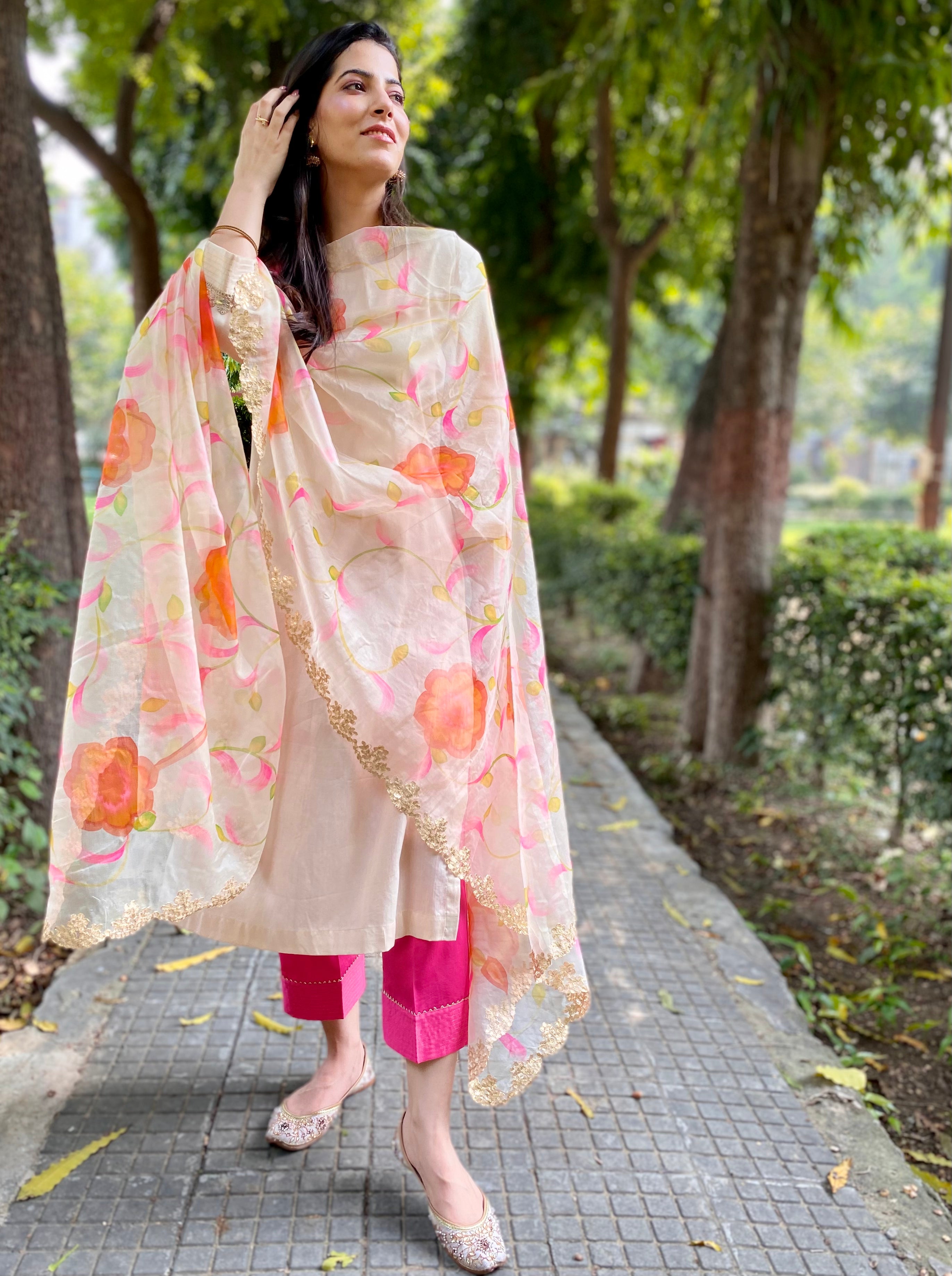 Beige Cotton Satin Kurta And Pants With Hand Painted Dupatta