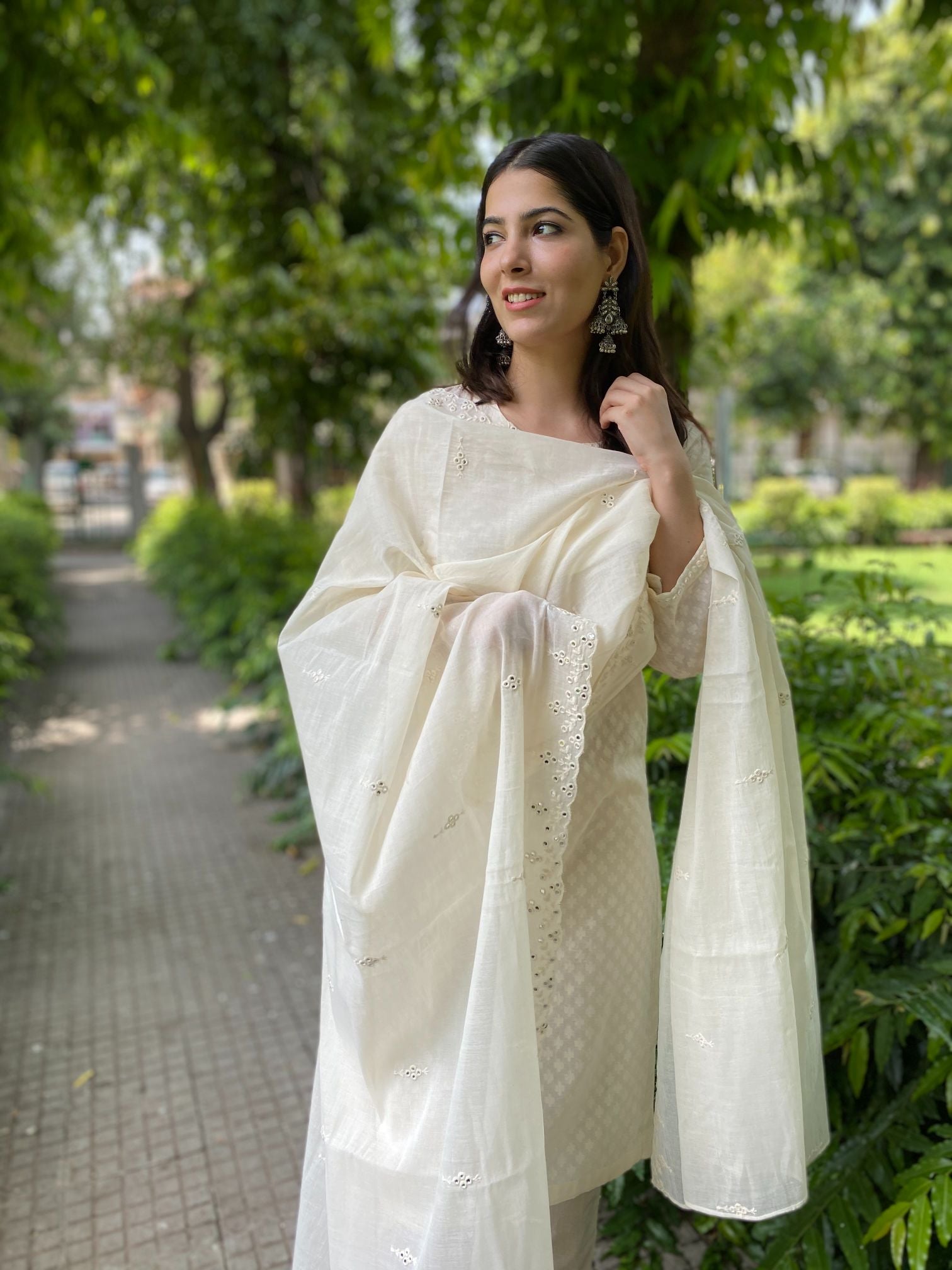 Off white cotton set with mirror work mul dupatta