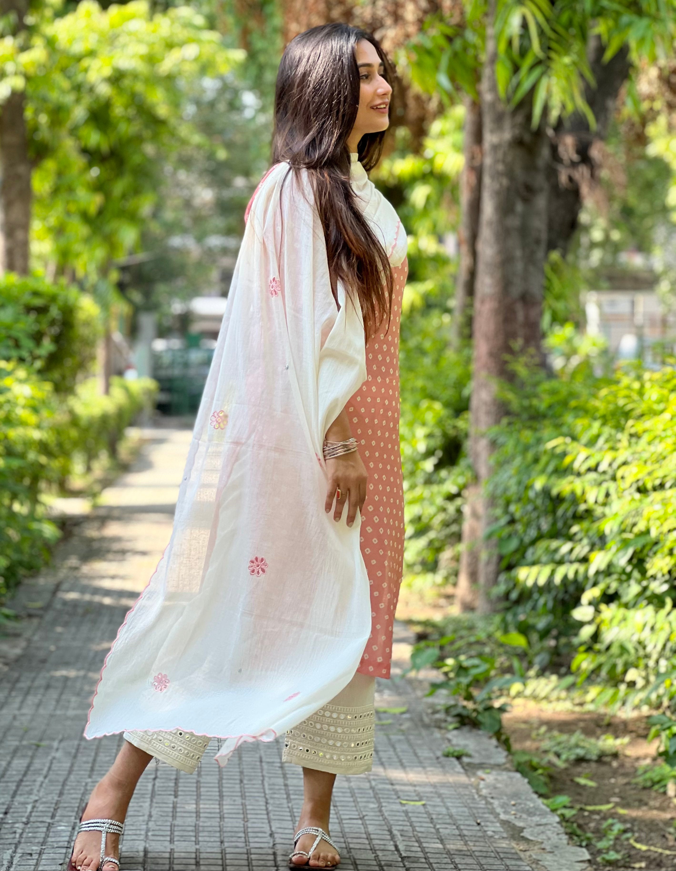 Peach bandhani muslin kurta set