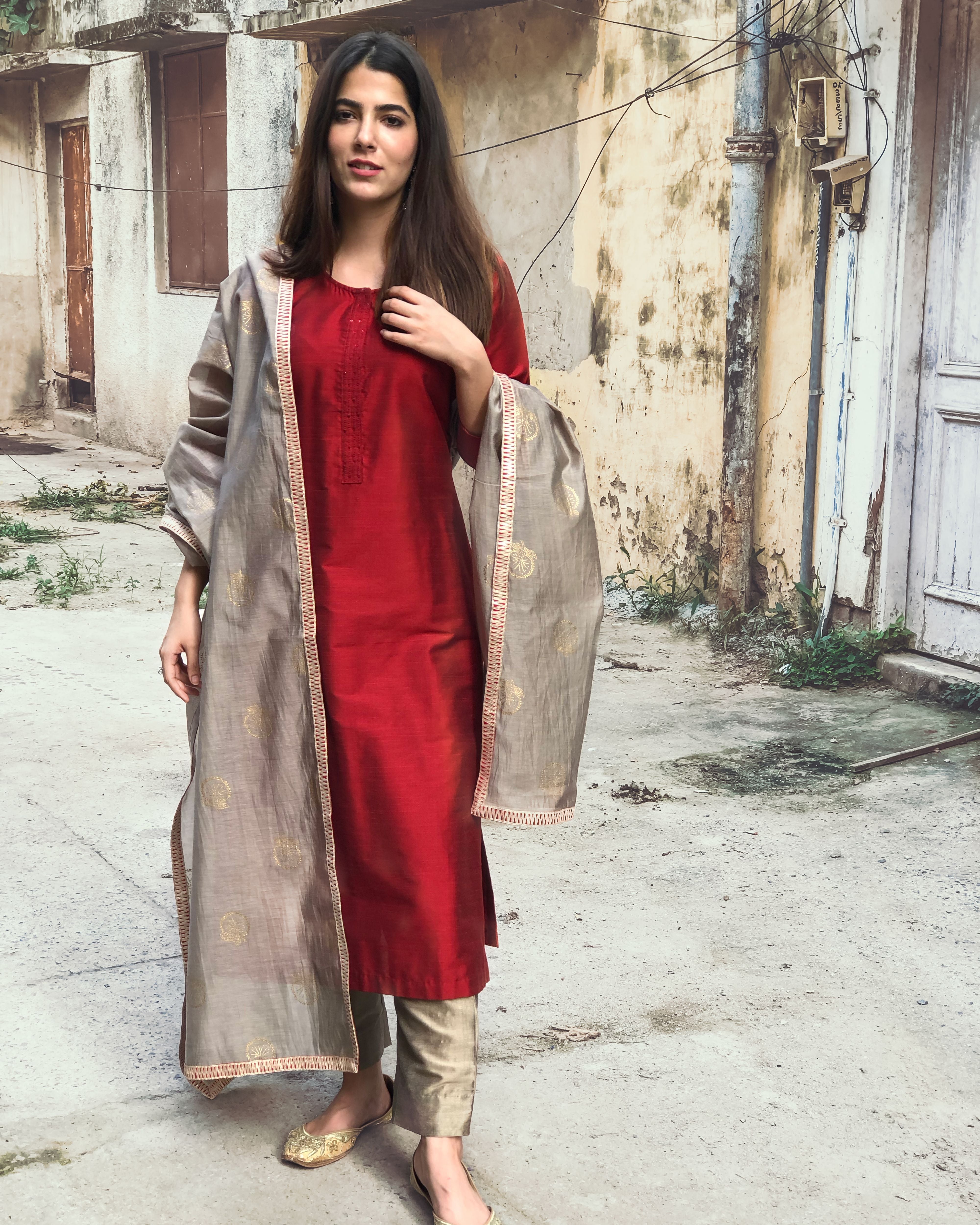 Maroon cotton silk block printed dupatta set
