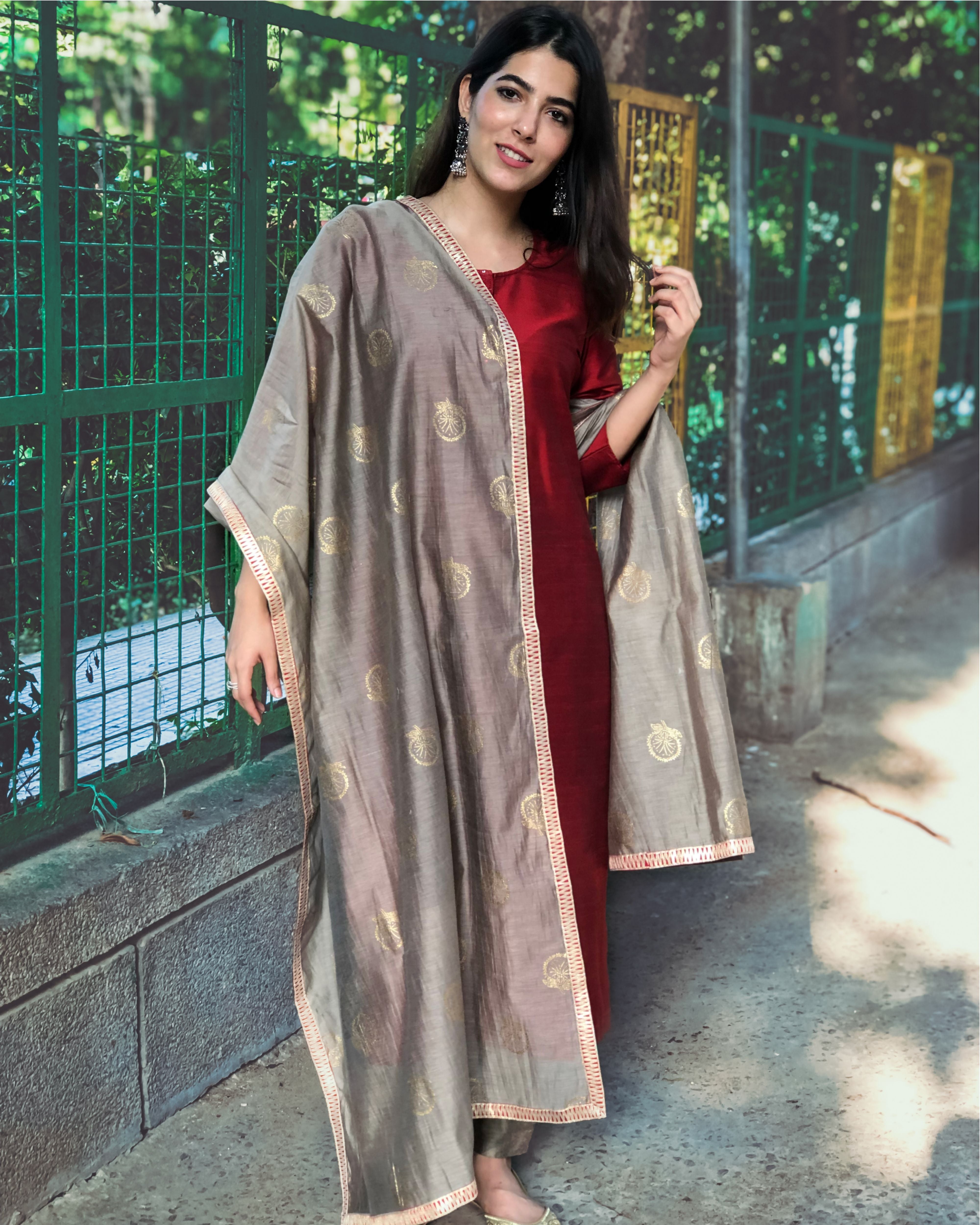 Maroon cotton silk block printed dupatta set