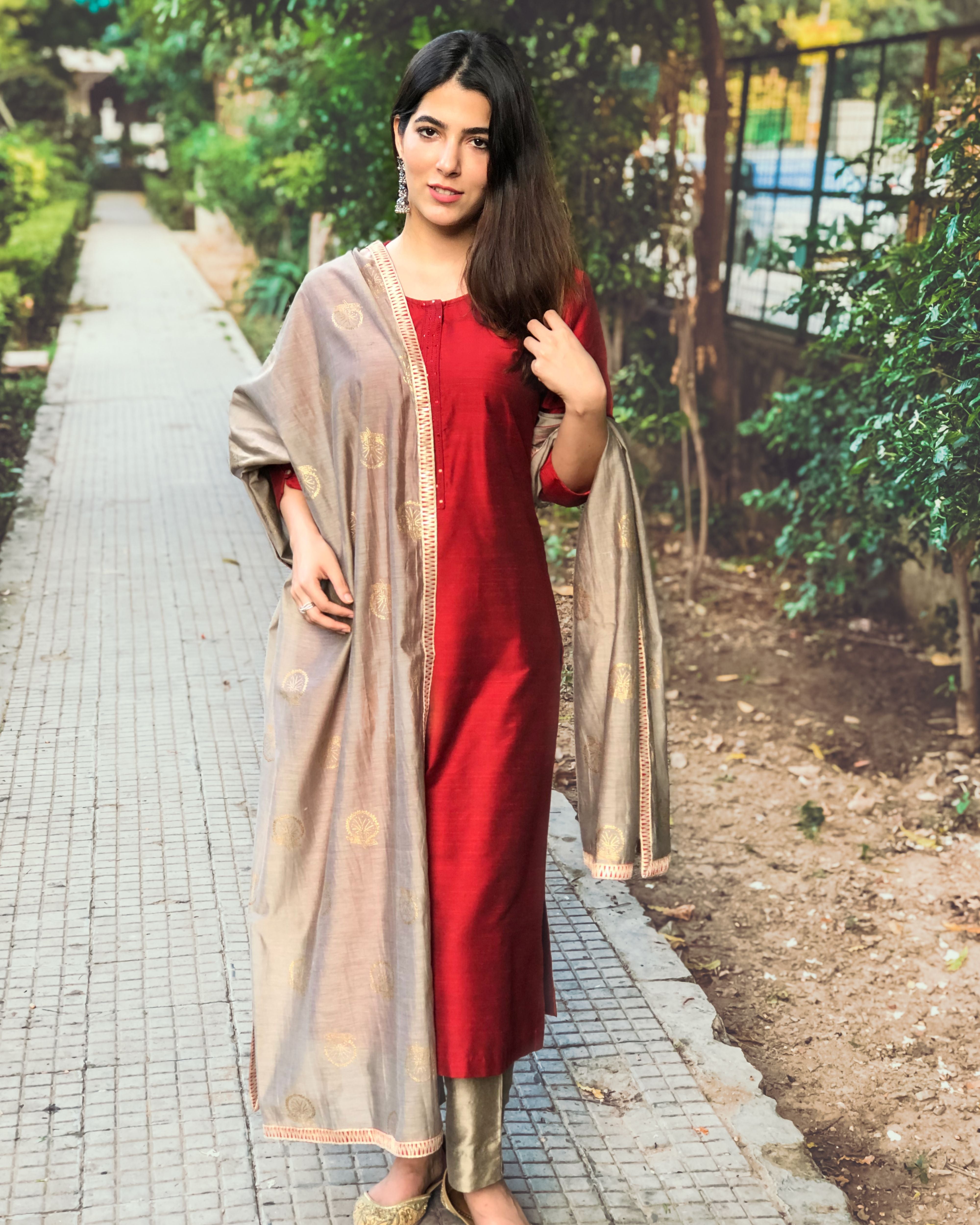 Maroon cotton silk block printed dupatta set