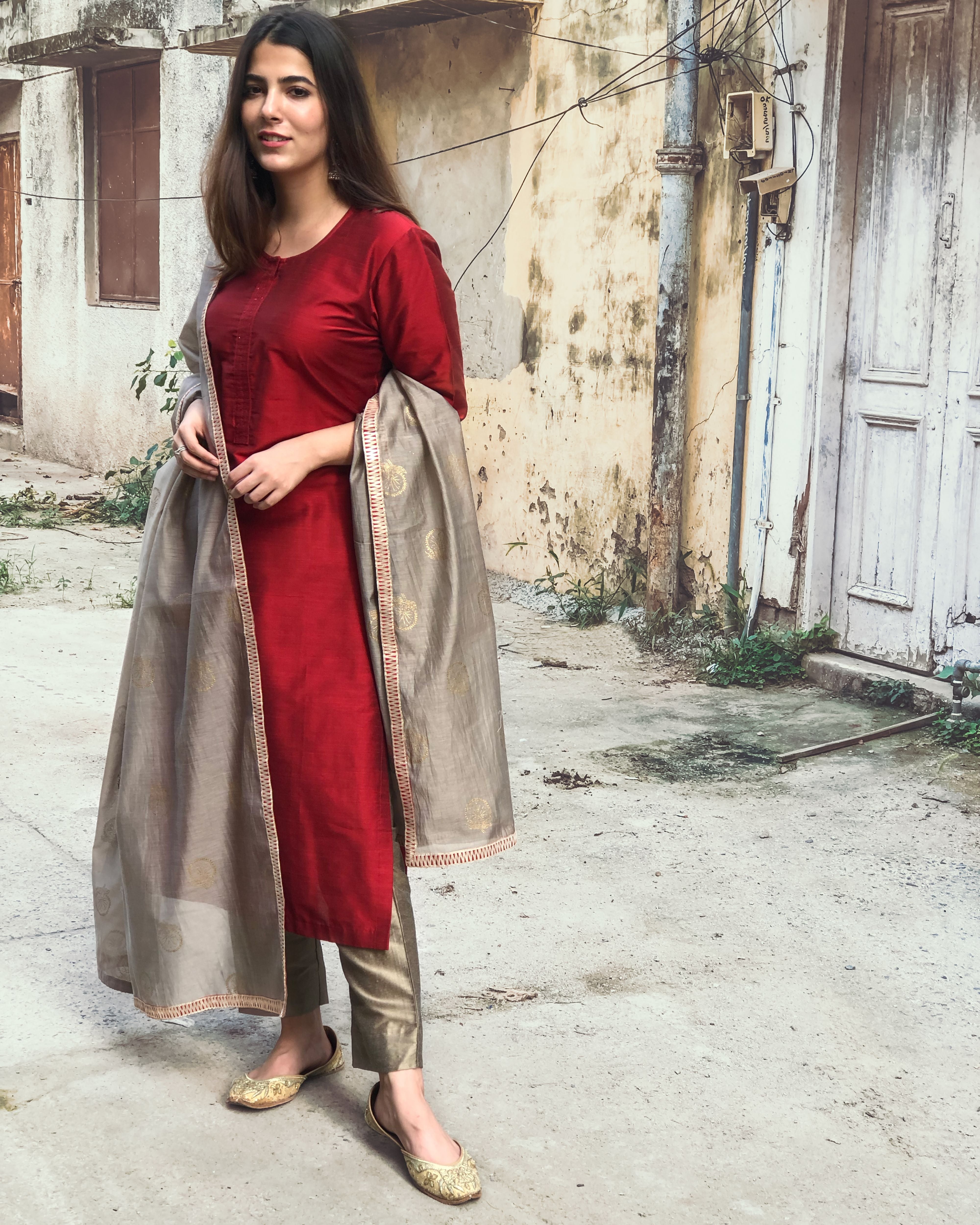 Maroon cotton silk block printed dupatta set