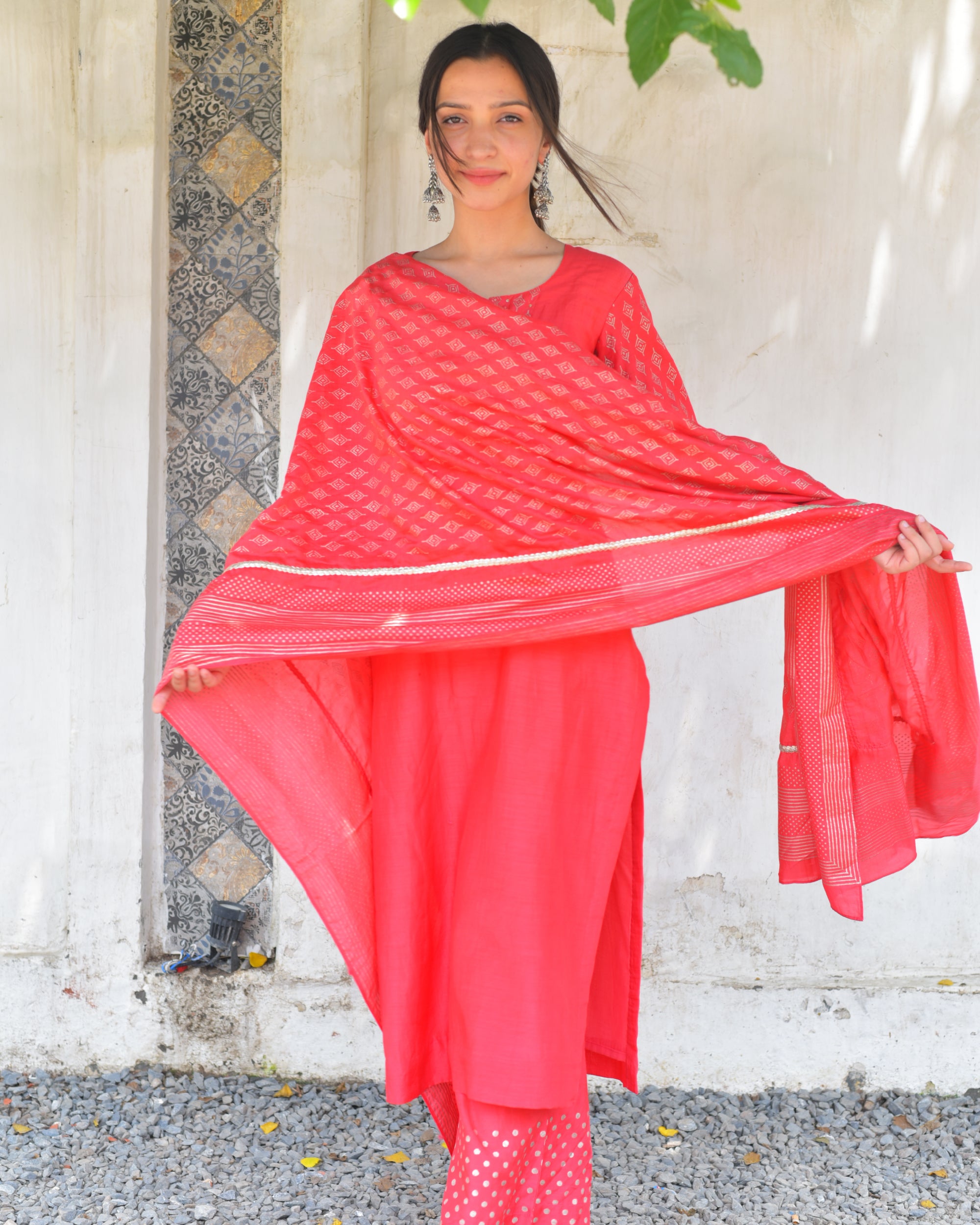 Candy red muslin silk set