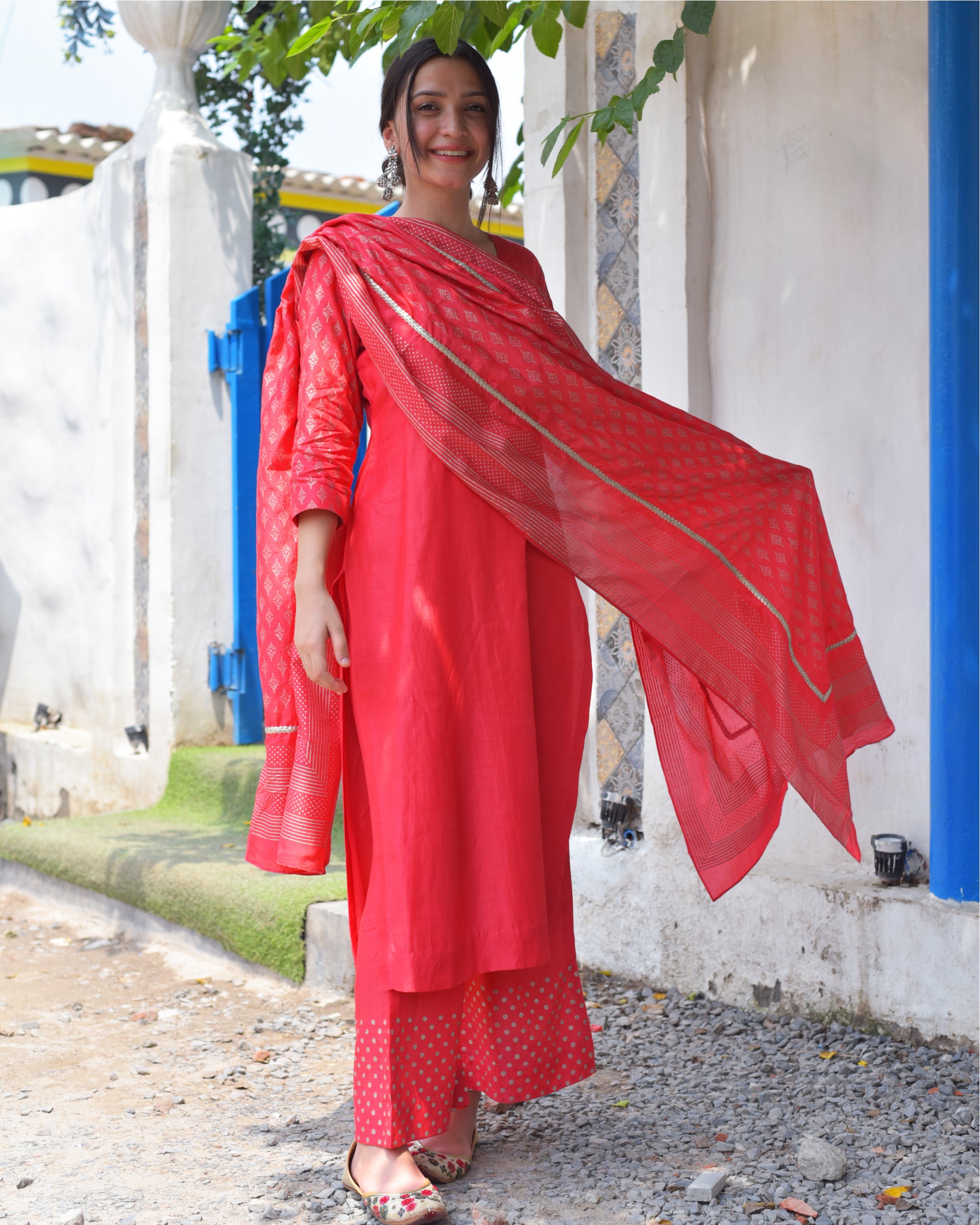 Candy red muslin silk set