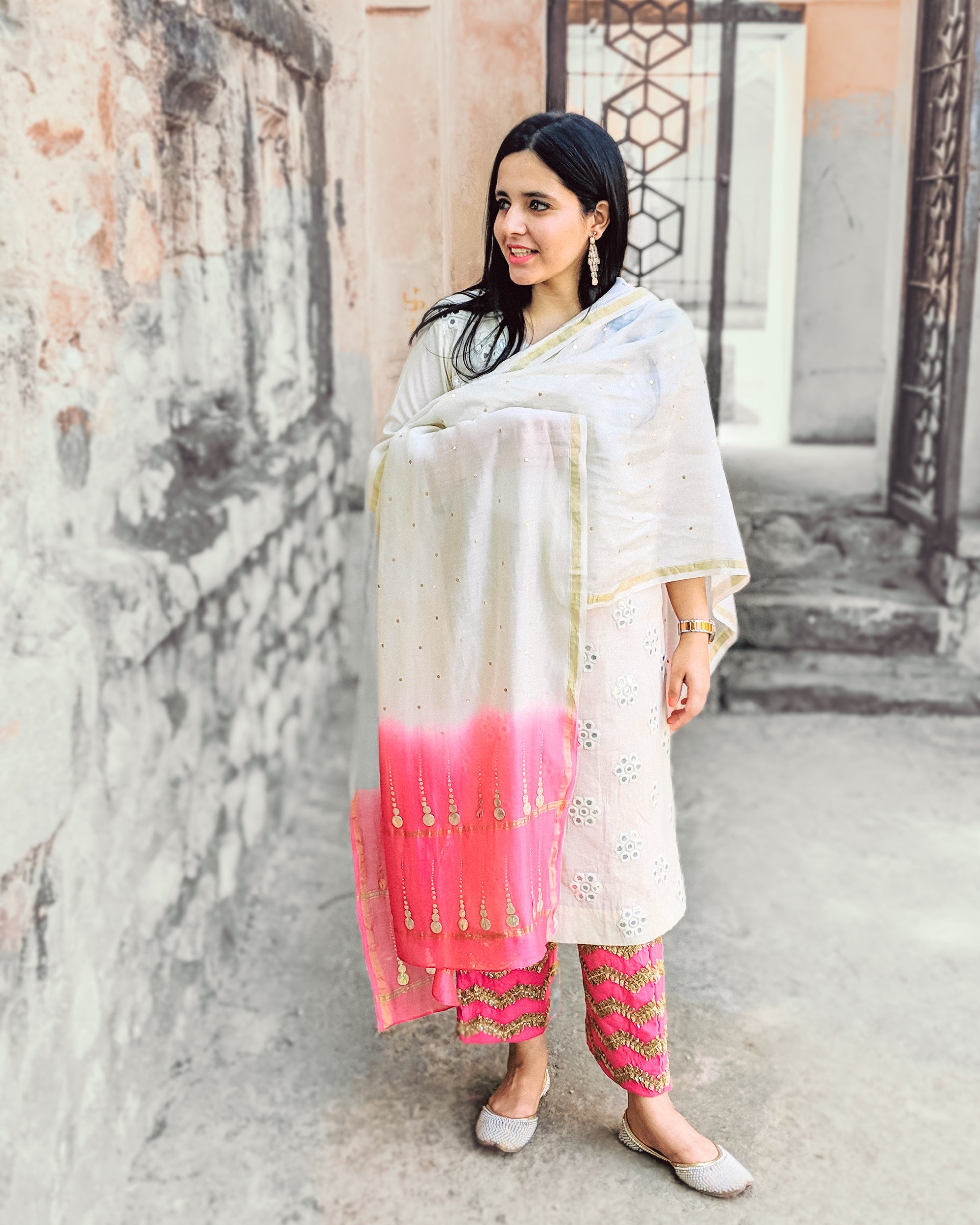 Off white and pink cotton set with dual shade mukeish work chanderi dupatta